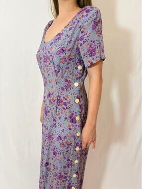 Retro Light Purple Floral Vintage Rayon Prairie Picnic Casual Dres